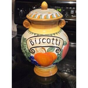 Vintage hand painted Nonnis ceramic biscotti cookie jar, Mediterranean style